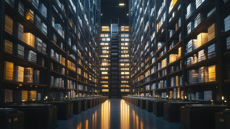 This image showcases a vast modern warehouse filled with tall shelves stacked with neatly organized files and papers, beautifully illuminated for a serene atmosphere.の素材