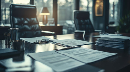A sophisticated office scene featuring a wooden desk scattered with documents and glasses, highlighted by warm evening light, ideal for business-related themes.の素材