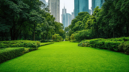 Discover the serene beauty of a lush green park set against a backdrop of modern skyscrapers, offering a perfect blend of urban life and nature's tranquility.の素材