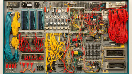 Detailed view of a complex electronic circuit board with colorful wires and various components, showcasing technology and engineering innovation, perfect for educational purposes.の素材