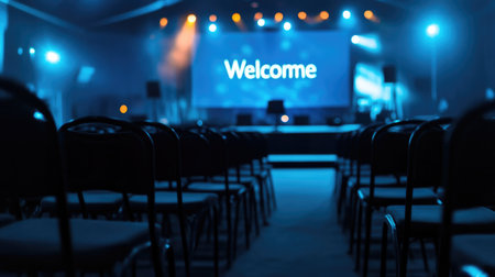 An inviting stage illuminated with blue lights presents a "Welcome" message, showcasing empty chairs set for an audience eager for an upcoming event or presentation.の素材