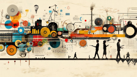 This vibrant abstract illustration showcases figures walking through a colorful landscape filled with geometric shapes and industrial elements, capturing a dynamic modern aesthetic.の素材