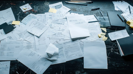 A cluttered workspace filled with scattered paperwork, notepads, and writing tools captures the essence of chaotic creativity and busy administration. Ideal for various themes.の素材