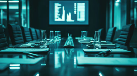 A modern conference room featuring a sleek glass table surrounded by executive chairs, illuminated by soft lighting, ideal for productive business meetings and presentations.の素材