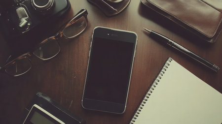 This flat lay composition features a smartphone, camera, glasses, and notebook arranged artistically on a wooden surface, reflecting creativity and a modern lifestyle.の素材