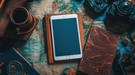 Engaging scene featuring a digital tablet surrounded by travel essentials like notebooks, vintage cameras, and a map, perfect for adventure enthusiasts and planners.の素材