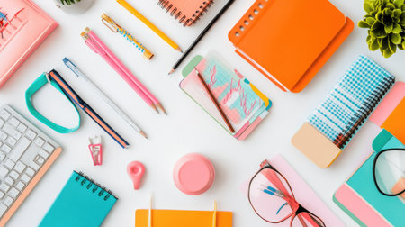 A vibrant arrangement of colorful office supplies showcases a creative workspace. Ideal for inspiring productivity and organization with a touch of color and style.の素材