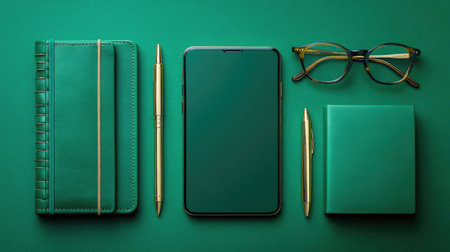 A visually pleasing flat lay showcasing a green notebook, a smartphone, elegant pens, and stylish glasses on a vibrant green surface, ideal for creative and business themes.の素材