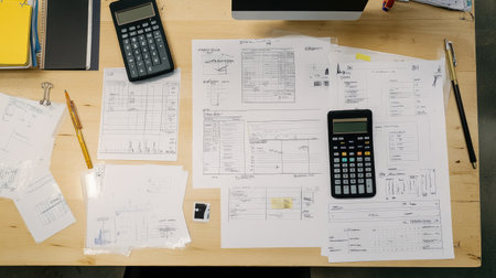This image showcases a busy office workspace filled with financial documents, calculators, and stationery items, perfect for illustrating productivity and organization.の素材