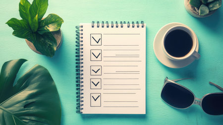 A modern workspace scene featuring a checklist notebook, coffee cup, and sunglasses surrounded by lush plants, perfect for themes of productivity and organization.の素材