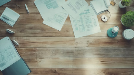 A top-down view of a well-organized workspace featuring various documents, stationery, and a plant, ideal for inspiring productivity and creativity in work environments.の素材