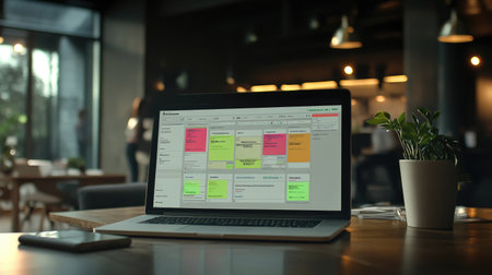 A modern workspace featuring a laptop with a project management tool open, displaying colorful sticky notes. The vibrant office encourages collaboration and creativity.の素材