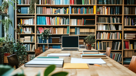 A bright and inviting study space featuring a wooden table, laptop, and lush plants surrounded by vibrant bookshelves, perfect for learning or creative work.の素材