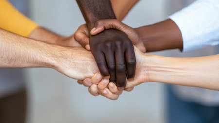 A powerful image of diverse hands clasping together, illustrating unity and collaboration among individuals of various backgrounds, symbolizing strength in togetherness.の素材