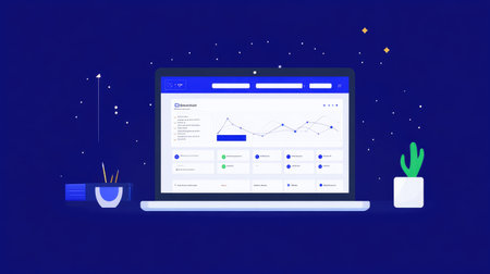 A sleek digital dashboard showcasing data insights on a laptop screen, surrounded by creative workspace elements like a plant and stationery, perfect for tech themes.の素材