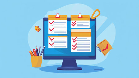 A vibrant illustration depicting a digital workspace with checklist papers, stationery items, and colorful elements to enhance productivity and organization in professional settings.の素材