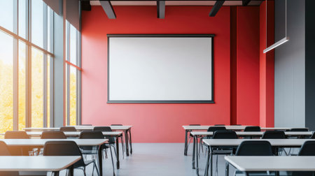A spacious and modern classroom interior featuring striking red walls, large windows offering natural light, and minimalist tables set for presentations or educational activities.の素材