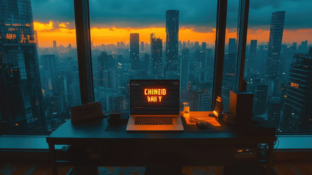 A captivating sunset view from a modern office featuring an illuminated laptop, showcasing a vibrant city skyline filled with towering buildings and serene twilight.の素材