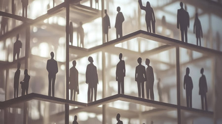 This abstract image features silhouettes of business people in a multi-layered office environment, conveying themes of teamwork, collaboration, and modern corporate culture.の素材