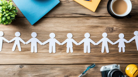 This image features paper figures holding hands on a rustic wooden desk, surrounded by stationery and a coffee cup. It symbolizes unity, teamwork, and collaboration within a professional environment.の素材