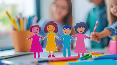 A vibrant scene featuring colorful paper cutouts of children holding hands amid various art supplies, symbolizing creativity, joy, and collaboration in a lively learning space.の素材