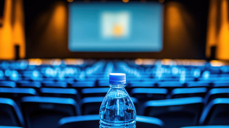 This image captures a clear plastic water bottle placed in focus with a backdrop of empty rows of seats and a bright projector screen, ideal for conference settings.の素材