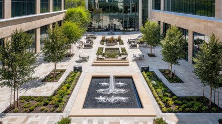 A beautiful urban courtyard featuring modern landscaping with a fountain, lush trees, and inviting seating areas. Perfect for relaxation and socializing.の素材