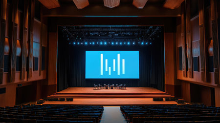 Spacious modern auditorium featuring a large screen and stage lights, designed for presentations and events, with comfortable seating and a professional ambiance.の素材