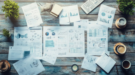 A detailed overview of data analysis showcasing various reports, charts, and documents arranged on a rustic wooden table in a bright, organized workspace.の素材