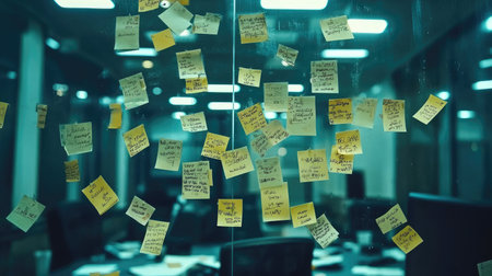 A vibrant array of sticky notes is plastered on a glass wall in a contemporary office setting, showcasing a hub of ideas and teamwork in action.の素材