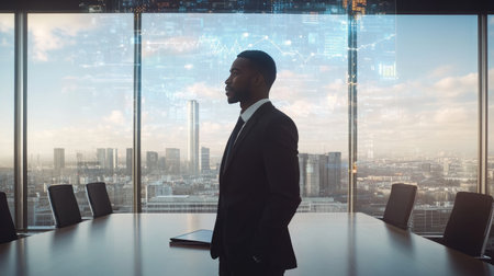 Confident business professional stands in a modern office overlooking a city skyline, surrounded by futuristic data graphics, symbolizing innovation and leadership.の素材