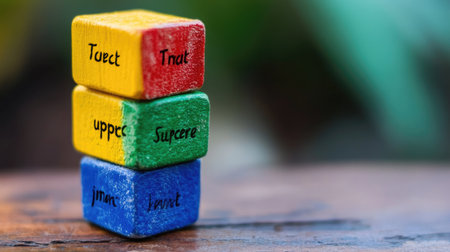 A vibrant stack of colorful wooden blocks featuring words, perfect for themes related to education, creativity, and playful learning. Ideal for various projects.の素材