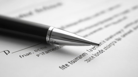 This image captures a sleek black pen poised over a neatly written document, showcasing the artistry of handwritten text against a clean, white background.の素材