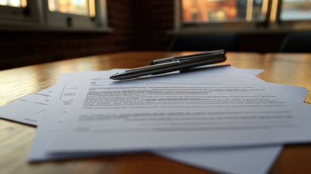 A serene office scene featuring a close-up of neatly arranged papers and a pen resting on a wooden table. The soft natural light highlights the clean workspace.の素材