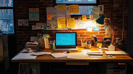 A cozy workspace featuring a laptop, scattered papers, colorful sticky notes, and office supplies, perfect for fostering creativity and productivity in an inspiring environment.の素材
