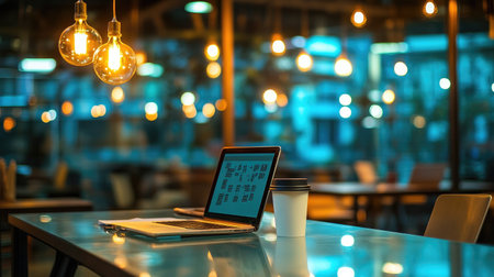 A chic workspace featuring a laptop and coffee cup set against a backdrop of warm hanging lights, creating a cozy and inviting atmosphere for creativity and productivity.の素材