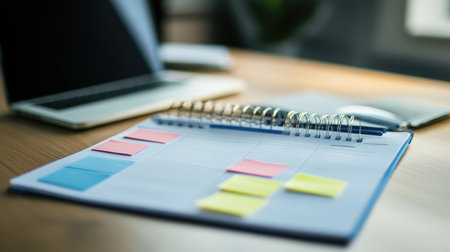 A detailed view of a notebook with colorful sticky notes arranged on a wooden desk, showcasing a professional workspace with a laptop and office supplies.の素材