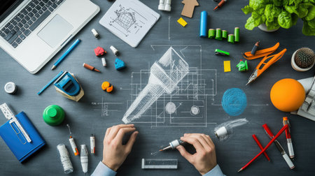 A vibrant workspace showcasing architectural design tools, colorful stationery, and detailed sketches, perfect for inspiring creativity and innovative project planning.の素材