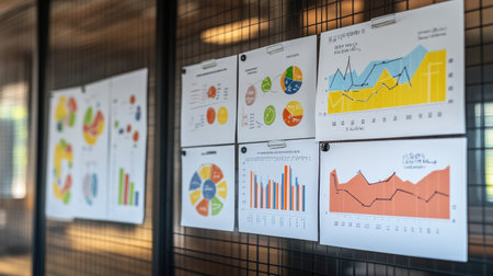 A collection of colorful data visualizations featuring various graphs and charts displayed on a wall, ideal for business analysis and report presentations.の素材