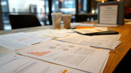 A vibrant office workspace featuring scattered documents, coffee cups, and a mobile phone, ideal for conveying themes of analysis, planning, and collaboration.の素材