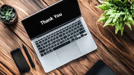 A modern laptop displays a "Thank You" message on a wooden desk. Surrounded by a smartphone, a plant, and office supplies, this setup creates an inviting workspace atmosphere.の素材