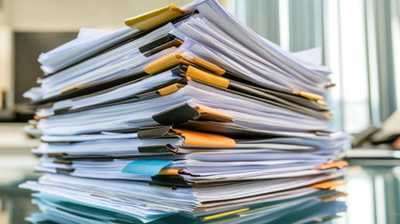 A vibrant stack of color-coded folders and papers symbolizes efficient organization in a modern office setting, illuminated by natural light from large windows.の素材