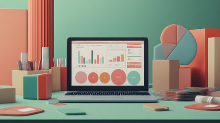 A vibrant workspace featuring a laptop with engaging data visuals, surrounded by colorful geometric shapes, evoking an atmosphere of creativity and productivity.の素材