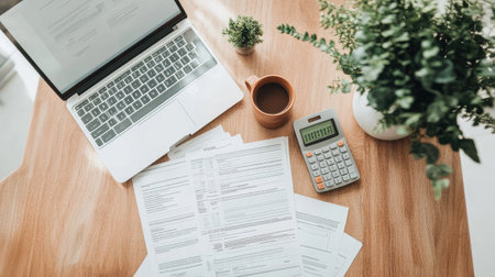 This image features a modern workspace with a laptop, paperwork, calculator, coffee cup, and plant, ideal for showcasing productivity and organization in office settings.の素材