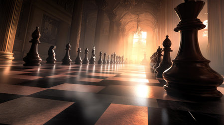 A stunning perspective of chess pieces lined up in a grand hallway, illuminated by soft light beams that create a captivating atmosphere, perfect for strategy enthusiasts.の素材