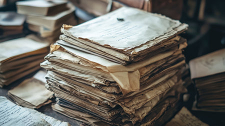 A captivating stack of vintage papers with worn edges reveals handwritten notes and evokes a sense of nostalgia in a rich antique workspace atmosphere.の素材