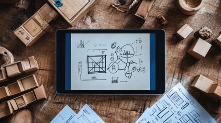 A captivating view of a tablet displaying design sketches placed on a wooden table, surrounded by creative tools and materials that inspire innovation and brainstorming.の素材
