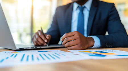 A business professional is engaged in data analysis with charts and graphs on the table, showcasing a modern corporate environment and the importance of informed decisions.の素材