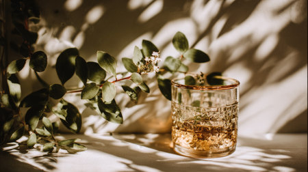 A stylish glass filled with golden liquid, elegantly positioned among lush green leaves and bathed in soft shadows, perfect for creating a serene atmosphere.の素材