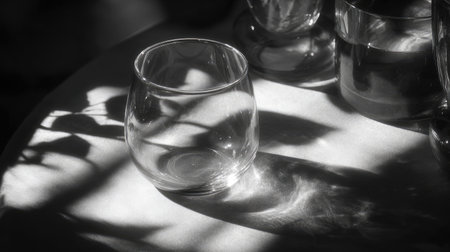 A soft-lit minimalist setting featuring a clear glass creating delicate shadows. This black and white photograph evokes simplicity and elegance in design.の素材
